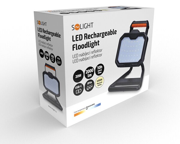 Solight LED reflektor 20W, přenosný, nabíjecí, 2000lm, oranžovo-černý WM-20W-RE
