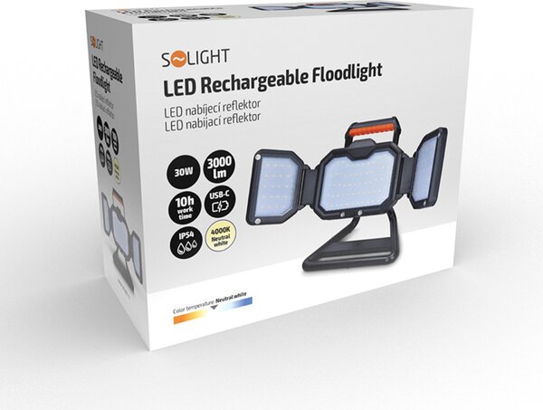 Solight LED reflektor 30W, přenosný, nabíjecí, 3000lm, oranžovo-černý WM-30W-RE