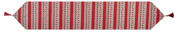 Červeno-zelený vánoční ubrus / běhoun na stůl s jeleny, stromečky a střapcem – 33x180 cm