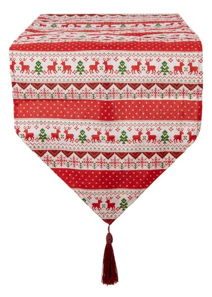 Červeno-zelený vánoční ubrus / běhoun na stůl s jeleny, stromečky a střapcem – 33x180 cm