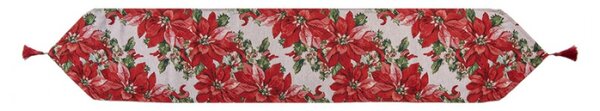 Červeno-bílý vánoční ubrus / běhoun na stůl s motivem pryšce a střapcem – 33x180 cm