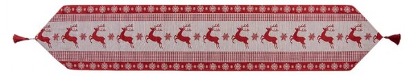 Červeno-bílý vánoční ubrus / běhoun na stůl s jeleny a střapcem – 33x180 cm