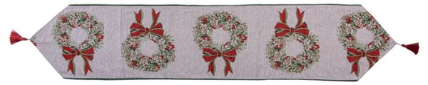 Vánoční ubrus / běhoun na stůl s motivem adventního věnce a střapcem – 33x180 cm