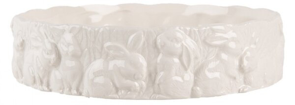 Bílá keramická miska s reliéfem velikonočních zajíčků po obvodu – 20x5 cm