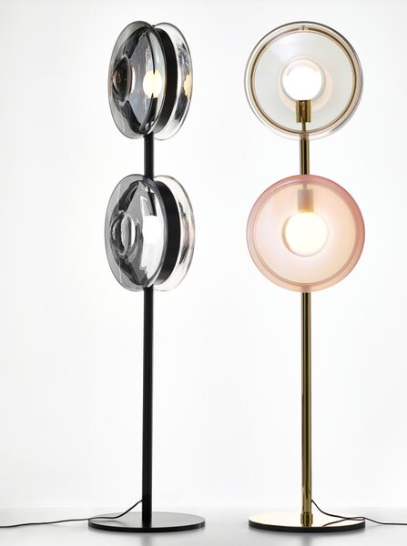 Luxusní stojací lampa Bomma Orbital Povrch Montury: Broušená zlatá, Barva skla: Růžová + bílá
