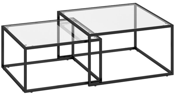 HOMCOM 2dílné čtvercové skládané konferenční stolky s tvrzeným sklem a kovovým rámem, černé — velký 75 x 75 x 42 cm; malý 65 x 65 x 36 cm | Aosom
