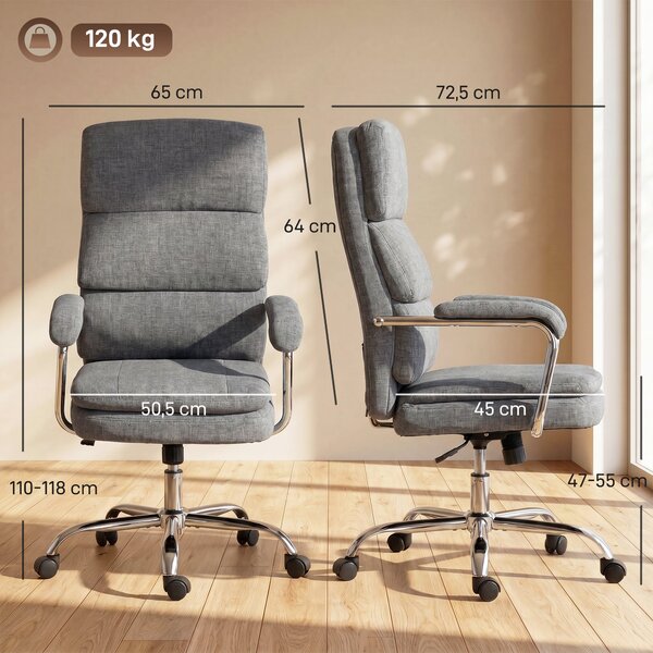 HOMCOM ergonomická kancelářská židle z chenillu s polstrovanými loketními opěrkami, nastavitelná výška a sklon, 360° otočná, šedá | Aosom