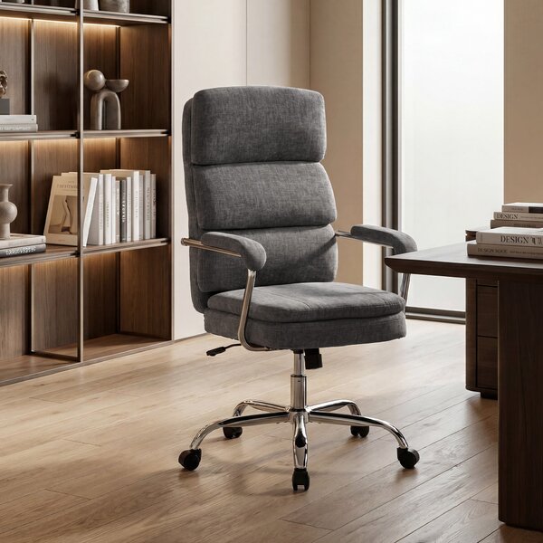 HOMCOM ergonomická kancelářská židle z chenillu s polstrovanými loketními opěrkami, nastavitelná výška a sklon, 360° otočná, šedá | Aosom