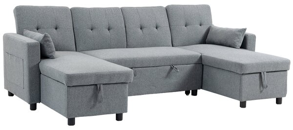 HOMCOM U-tvarovaná rozkládací pohovka pro 4 osoby s úložným prostorem — 3v1 rozkládací sedačka s chaise, nastavitelná opěradla, efekt lnu, šedá | Aoso