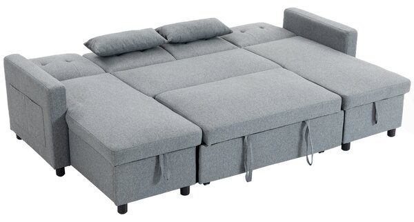 HOMCOM U-tvarovaná rozkládací pohovka pro 4 osoby s úložným prostorem — 3v1 rozkládací sedačka s chaise, nastavitelná opěradla, efekt lnu, šedá | Aoso
