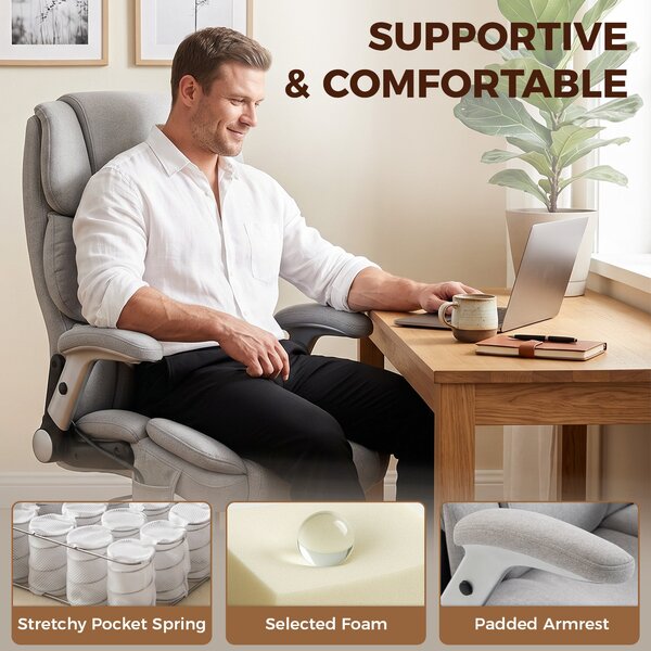 HOMCOM Office Chair — 397 lb Capacity, Inflatable Lumbar Support, Extra-Wide Executive Seat, Flip-Up Arms, Pocket Springs, Class-4 Gas Lift, Light Gra