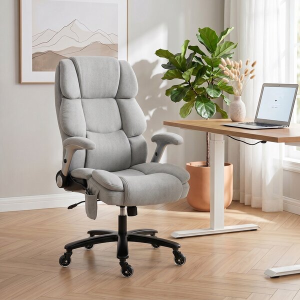 HOMCOM Office Chair — 397 lb Capacity, Inflatable Lumbar Support, Extra-Wide Executive Seat, Flip-Up Arms, Pocket Springs, Class-4 Gas Lift, Light Gra
