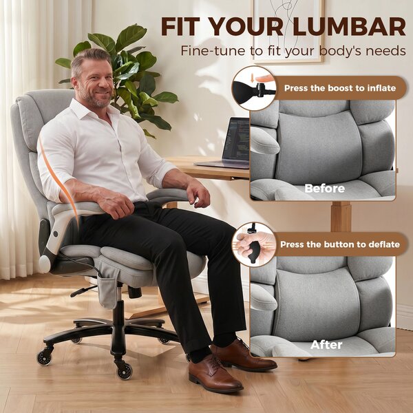 HOMCOM Office Chair — 397 lb Capacity, Inflatable Lumbar Support, Extra-Wide Executive Seat, Flip-Up Arms, Pocket Springs, Class-4 Gas Lift, Light Gra