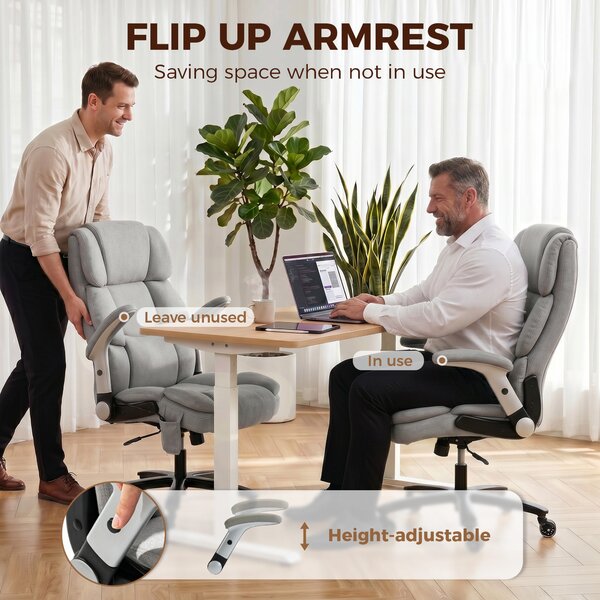 HOMCOM Office Chair — 397 lb Capacity, Inflatable Lumbar Support, Extra-Wide Executive Seat, Flip-Up Arms, Pocket Springs, Class-4 Gas Lift, Light Gra