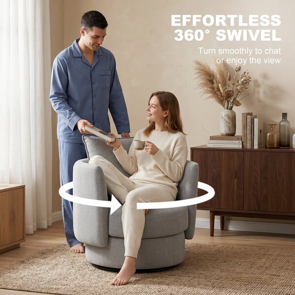 HOMCOM 360° Swivel Lounge Chair with Cushion, Linen-Look Accent Armchair for Bedroom & Living Room, Light Gray | Aosom