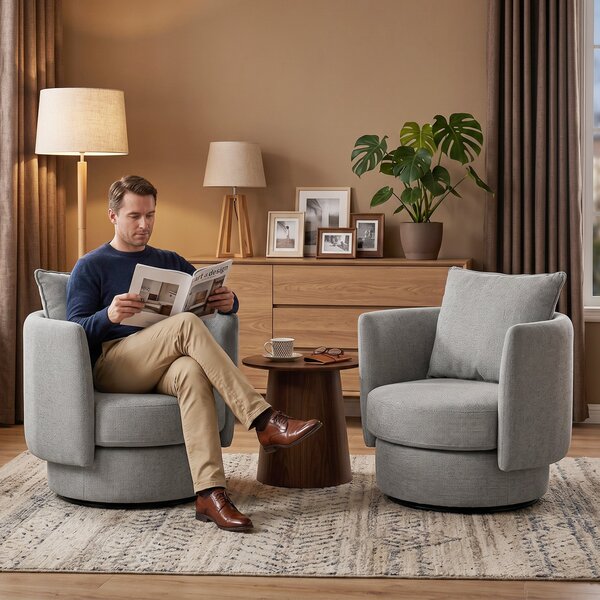 HOMCOM 360° Swivel Lounge Chair with Cushion, Linen-Look Accent Armchair for Bedroom & Living Room, Light Gray | Aosom