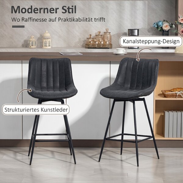 HOMCOM 2-Pack Bar Stools, 26.8 in Swivel Counter Stools with Backrest, Padded PU Leather, Footrest & Steel Legs for Kitchen Island and Dining – Black