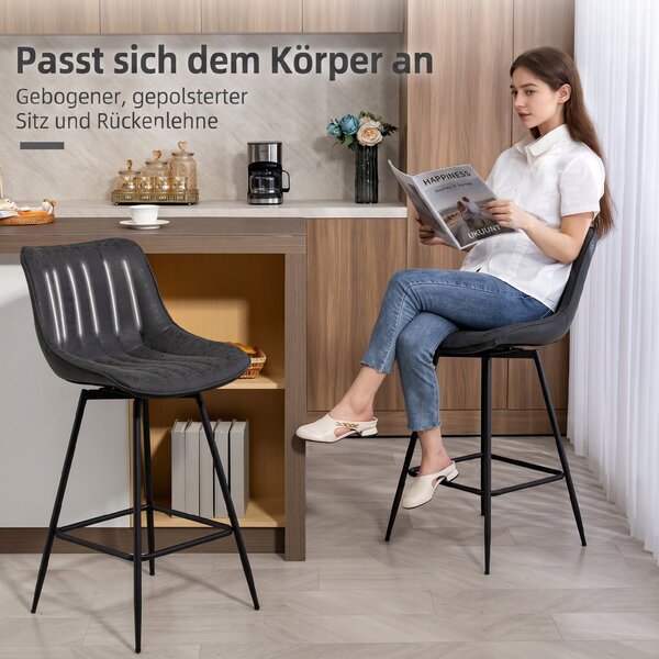 HOMCOM 2-Pack Bar Stools, 26.8 in Swivel Counter Stools with Backrest, Padded PU Leather, Footrest & Steel Legs for Kitchen Island and Dining – Black