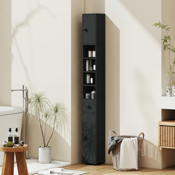 Kleankin Slim Bathroom Cabinet, Tall Toilet Cupboard with Drawer and 4 Open Shelves, Space-Saving Bathroom & Living Room Storage, 8 x 8 x 71 in (20 x