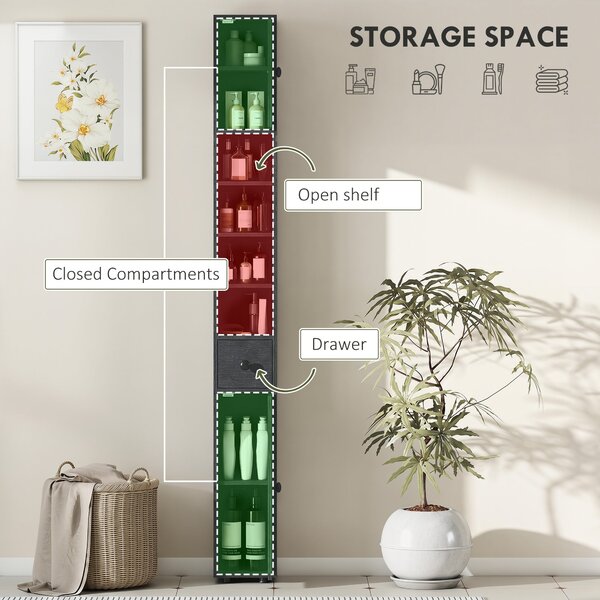 Kleankin Slim Bathroom Cabinet, Tall Toilet Cupboard with Drawer and 4 Open Shelves, Space-Saving Bathroom & Living Room Storage, 8 x 8 x 71 in (20 x