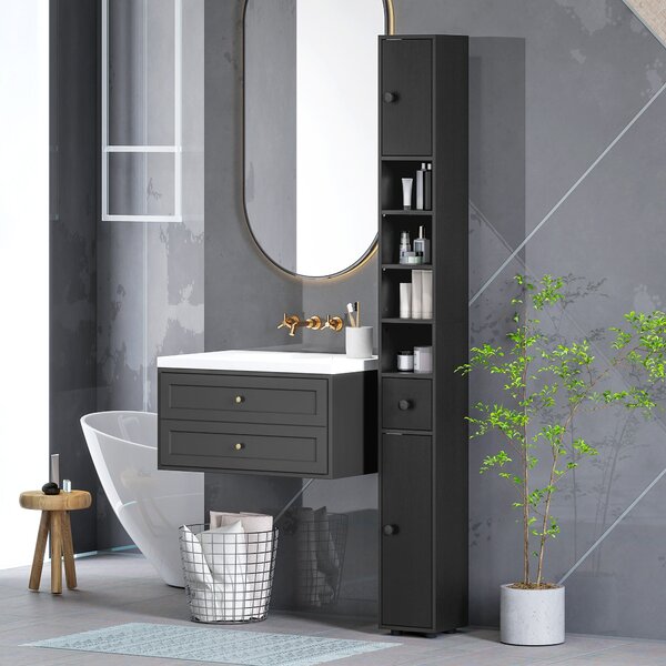 Kleankin Slim Bathroom Cabinet, Tall Toilet Cupboard with Drawer and 4 Open Shelves, Space-Saving Bathroom & Living Room Storage, 8 x 8 x 71 in (20 x
