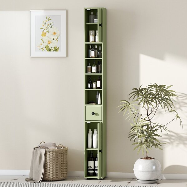 Kleankin Slim Tall Bathroom Cabinet — Narrow Toilet Storage with Drawer & 4 Open Shelves, Ideal for Small Bathrooms & Living Rooms, 20 x 20 x 180 cm (