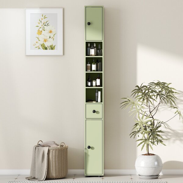 Kleankin Slim Tall Bathroom Cabinet — Narrow Toilet Storage with Drawer & 4 Open Shelves, Ideal for Small Bathrooms & Living Rooms, 20 x 20 x 180 cm (
