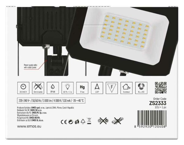 EMOS LED reflektor SIMPO s pohybovým čidlem, 30 W, černý, neutrální bílá ZS2333