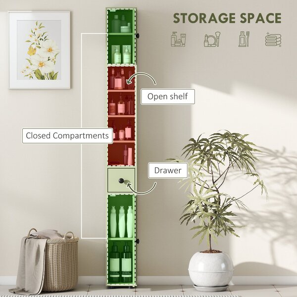 Kleankin Slim Tall Bathroom Cabinet — Narrow Toilet Storage with Drawer & 4 Open Shelves, Ideal for Small Bathrooms & Living Rooms, 20 x 20 x 180 cm (