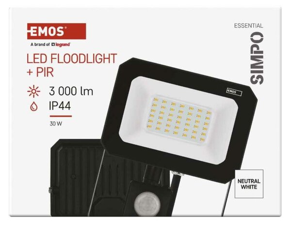 EMOS LED reflektor SIMPO s pohybovým čidlem, 30 W, černý, neutrální bílá ZS2333