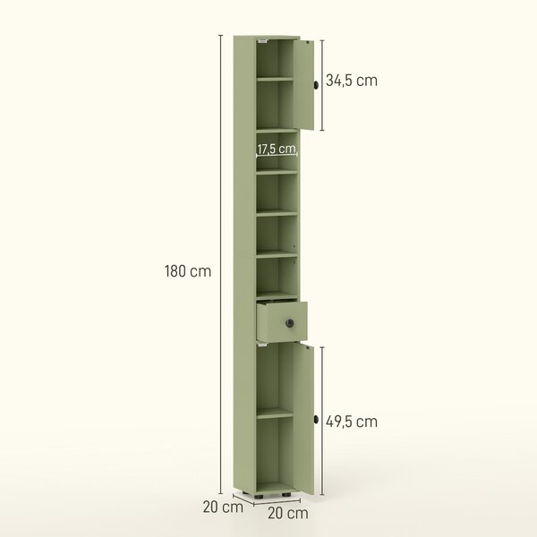Kleankin Slim Tall Bathroom Cabinet — Narrow Toilet Storage with Drawer & 4 Open Shelves, Ideal for Small Bathrooms & Living Rooms, 20 x 20 x 180 cm (