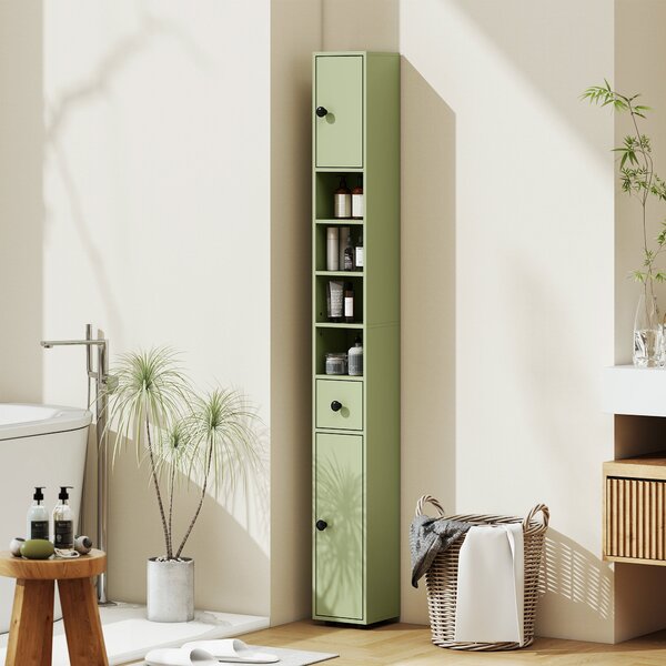 Kleankin Slim Tall Bathroom Cabinet — Narrow Toilet Storage with Drawer & 4 Open Shelves, Ideal for Small Bathrooms & Living Rooms, 20 x 20 x 180 cm (