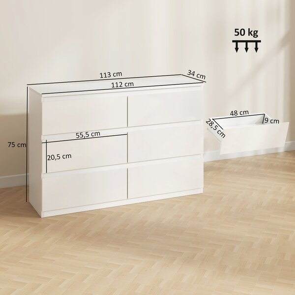 HOMCOM komoda s 3 zásuvkami, moderní bezúchytový design pro obývací pokoj, ložnici a předsíň – bílá (112 × 34 × 75 cm) | Aosom