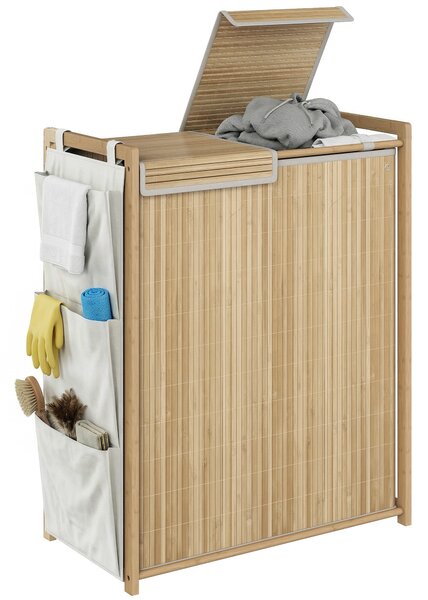 HOMCOM bambusový koš na prádlo 120 l s víkem, 2 přihrádky, snímatelné vaky, boční kapsy, 63 × 33 × 78 cm | Aosom