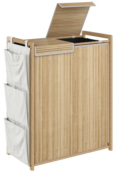 HOMCOM bambusový koš na prádlo 120 l s víkem, 2 přihrádky, snímatelné vaky, boční kapsy, 63 × 33 × 78 cm | Aosom