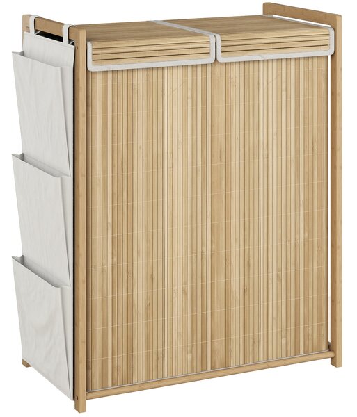 HOMCOM bambusový koš na prádlo 120 l s víkem, 2 přihrádky, snímatelné vaky, boční kapsy, 63 × 33 × 78 cm | Aosom
