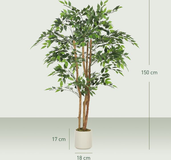 HOMCOM 150 cm umělý banyán do interiéru, umělá zeleň v plastovém květináči se solidním dřevěným kmenem — domov, kancelář, obývací pokoj, ložnice | Aos