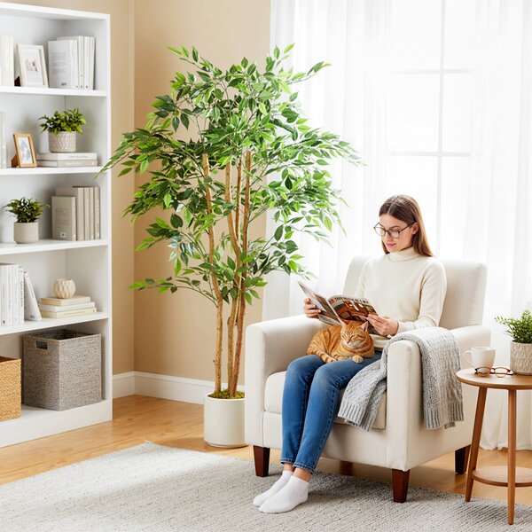HOMCOM 150 cm umělý banyán do interiéru, umělá zeleň v plastovém květináči se solidním dřevěným kmenem — domov, kancelář, obývací pokoj, ložnice | Aos