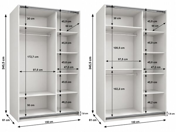 Šatní skříň LUX 1 s posuvnými dveřmi, 150×245,5×64 Bílá / stříbrné