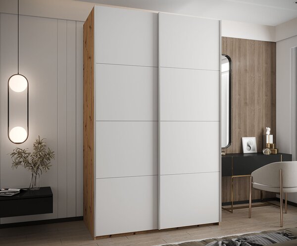 Šatní skříň LUX 1 s posuvnými dveřmi, 150×245,5×64 Dub Artisan / bílá / stříbrné