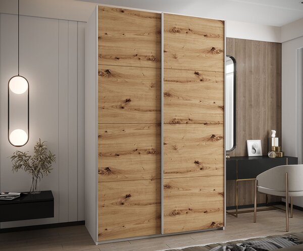 Šatní skříň LUX 1 s posuvnými dveřmi, 150×245,5×64 Bílá / dub Artisan / stříbrné