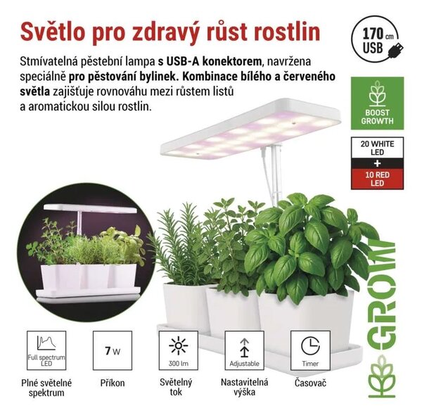 EMOS LED GROW pěstební lampa 7 W, časovač, stmívatelná, bílá 1538900040