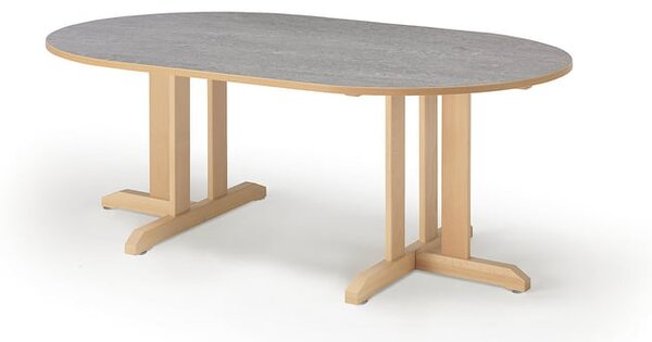 AJ Produkty Stůl KUPOL, 1500x800x600 mm, oválný, akustické linoleum, bříza/šedá