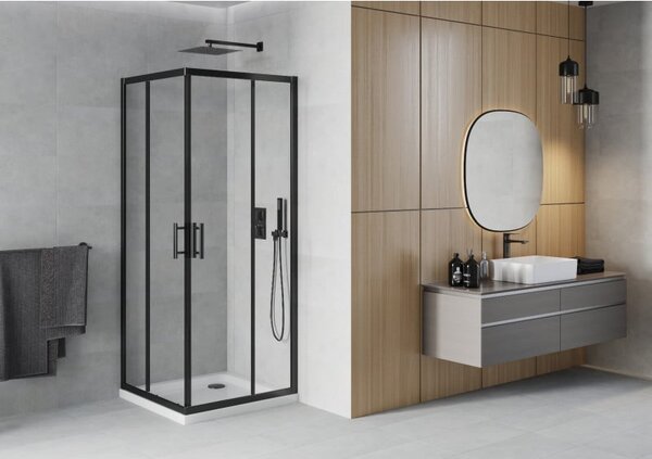 Mexen Rio čtvercový sprchový kout 80 x 80 cm, transparentní, černý + vanička Flat, bílá - 860-080-080-70-00-4010B