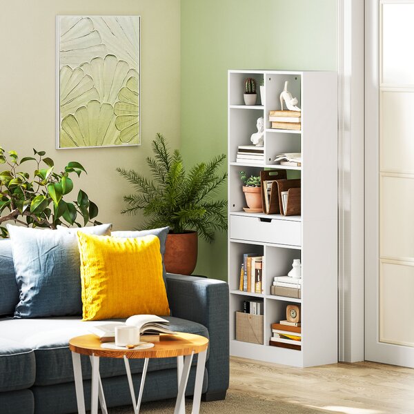 Knihovna s 9 policemi a zásuvkou, bílá, 60 x 26 x 158 cm 836-546V91WT
