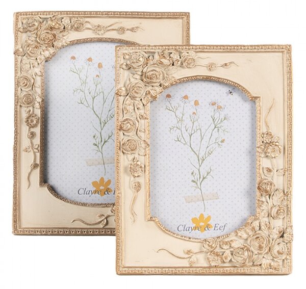 Béžovo zlatý fotorámeček Caroline s plastickou aplikací ve tvaru růže – 13x18 cm