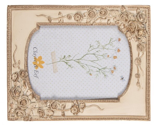 Béžovo zlatý fotorámeček Caroline s plastickou aplikací ve tvaru růže – 13x18 cm