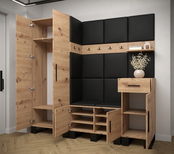 Předsíňová sestava Amanda 1 (dub artisan + černá ekokůže)