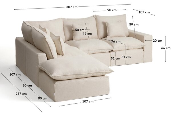 Kave Home Béžová rohová pohovka Anarela 307 cm s odnímatelným potahem, levá