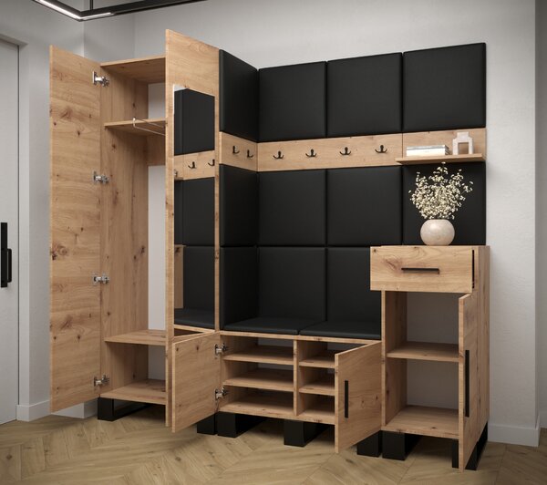 Předsíňová sestava Amanda 13 (dub artisan + černá ekokůže)